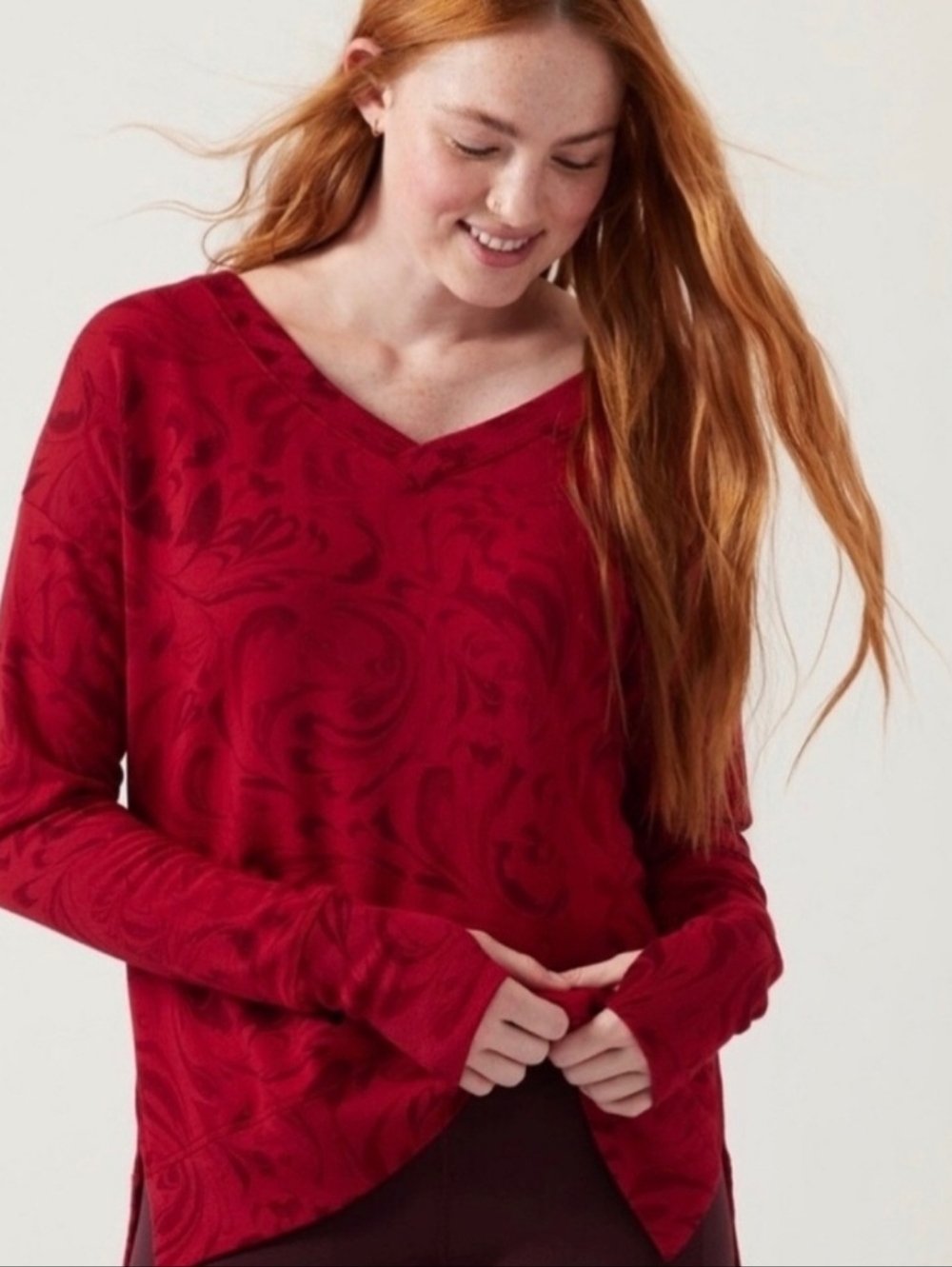 Athleta Red Long-Sleeve V-Neck Top